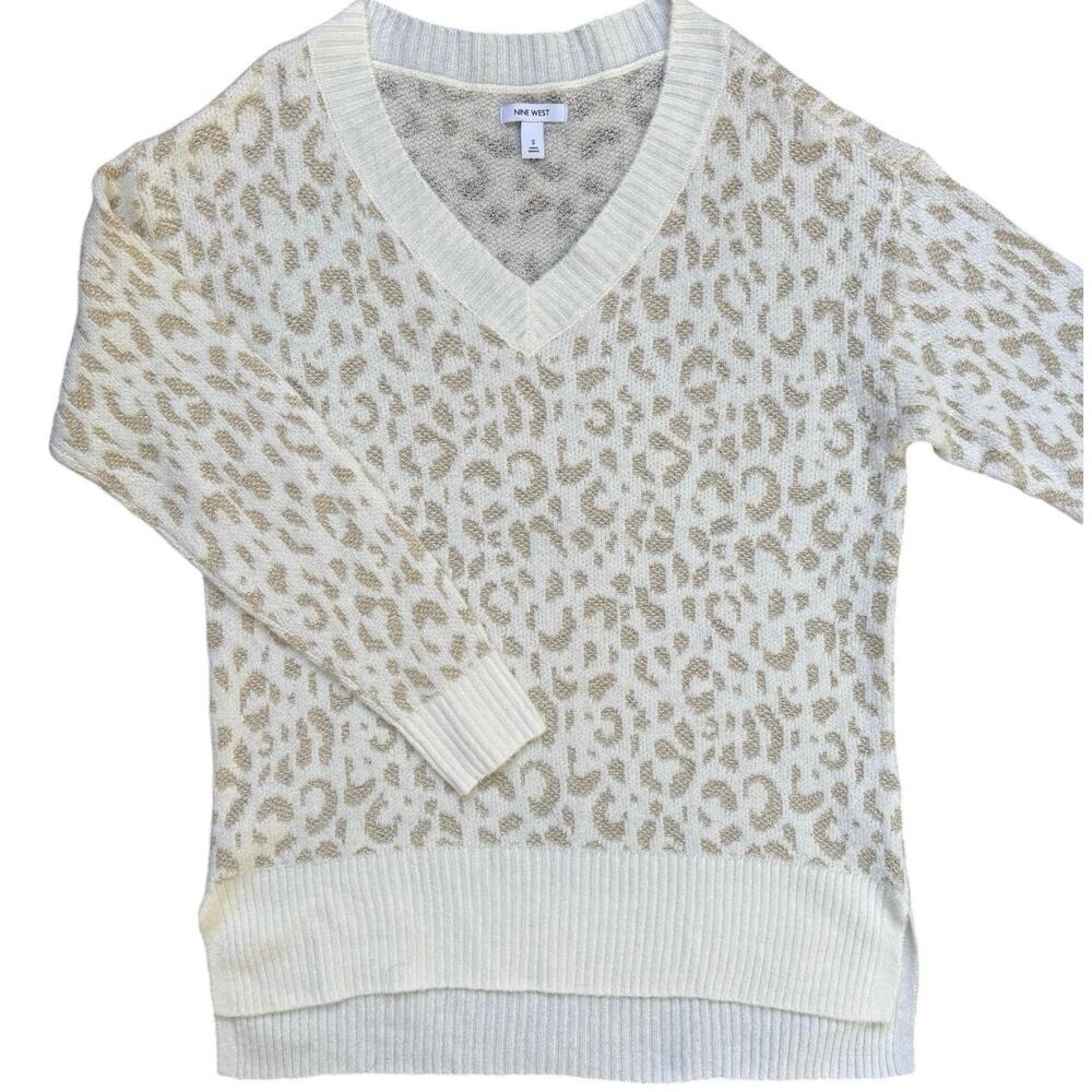Nine West Ivory Gold Metallic Leopard Print V-Neck Sweater Size S